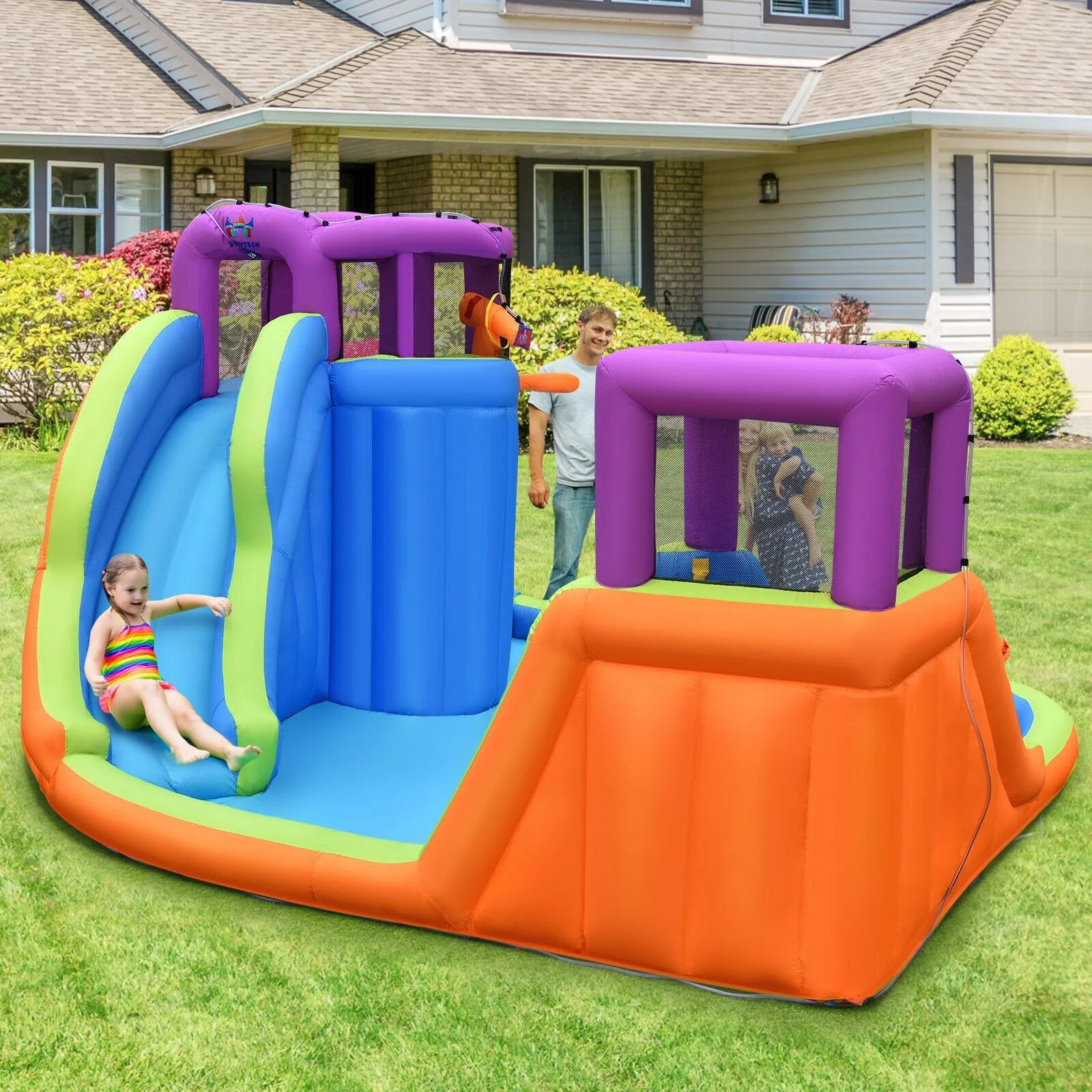 

GOPLUS games outdoor garden child Kids 6-in-1 Inflatable Dual Water Slide Bounce House Without Blower