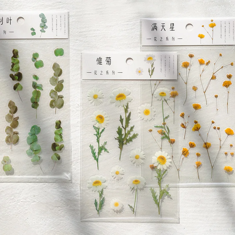 

6 Designs Natural Daisy Clover Japanese Words Stickers Transparent PET Material Flowers Leaves Plants Decorative Stickers