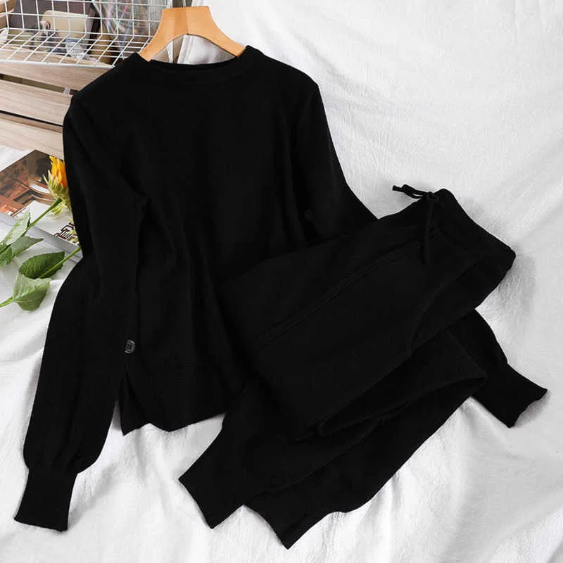 

Autumn Winter Women Fashion Round Neck Long Sleeve Loose Top Harun Pants Casual Knitted Two Piece Se
