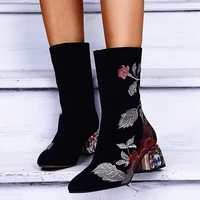 size 43 embroidered shoes women winter autum boots heels women heel shoes black boots for women high quality female shoes new