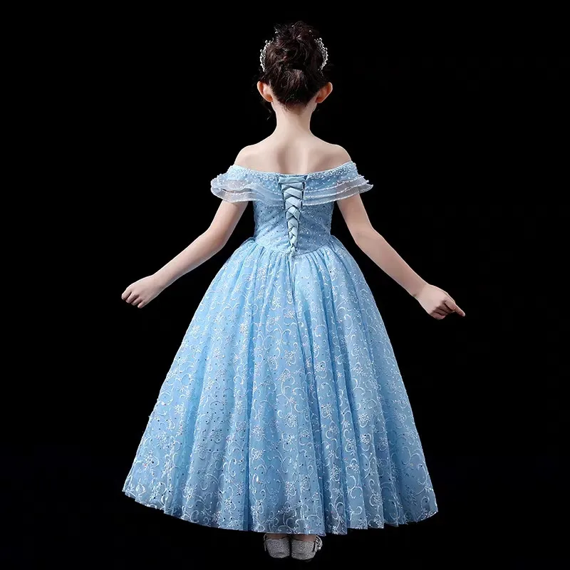 

2019Luxury New Children Girls Shoulderless Birthday Wedding Party Princess Long Dress Kids Model Show Host Piano Costumes Dress