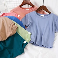 oumea women tshirts tops short sleeve summer solid color cotton tees casual loose korean style basic vintage office lady tops