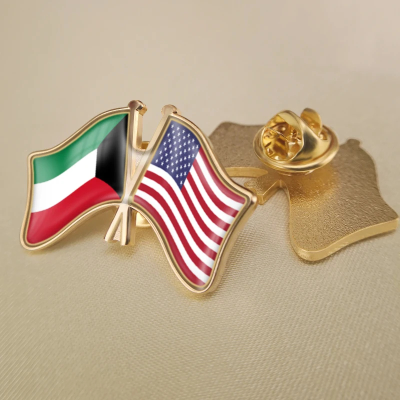 

Kuwait and United States Crossed Double Friendship Flags Lapel Pins Brooch Badges