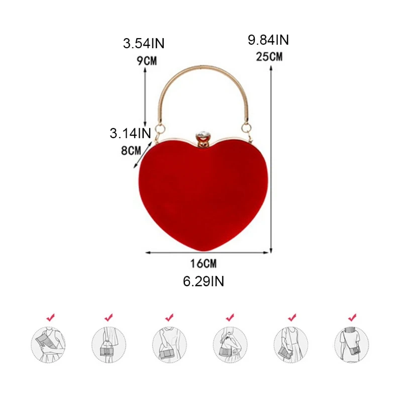 

Women's Clutch Evening Bag Shoulder Flocking Bag Heart Rhinestone Handbag Party Prom Wedding Purse