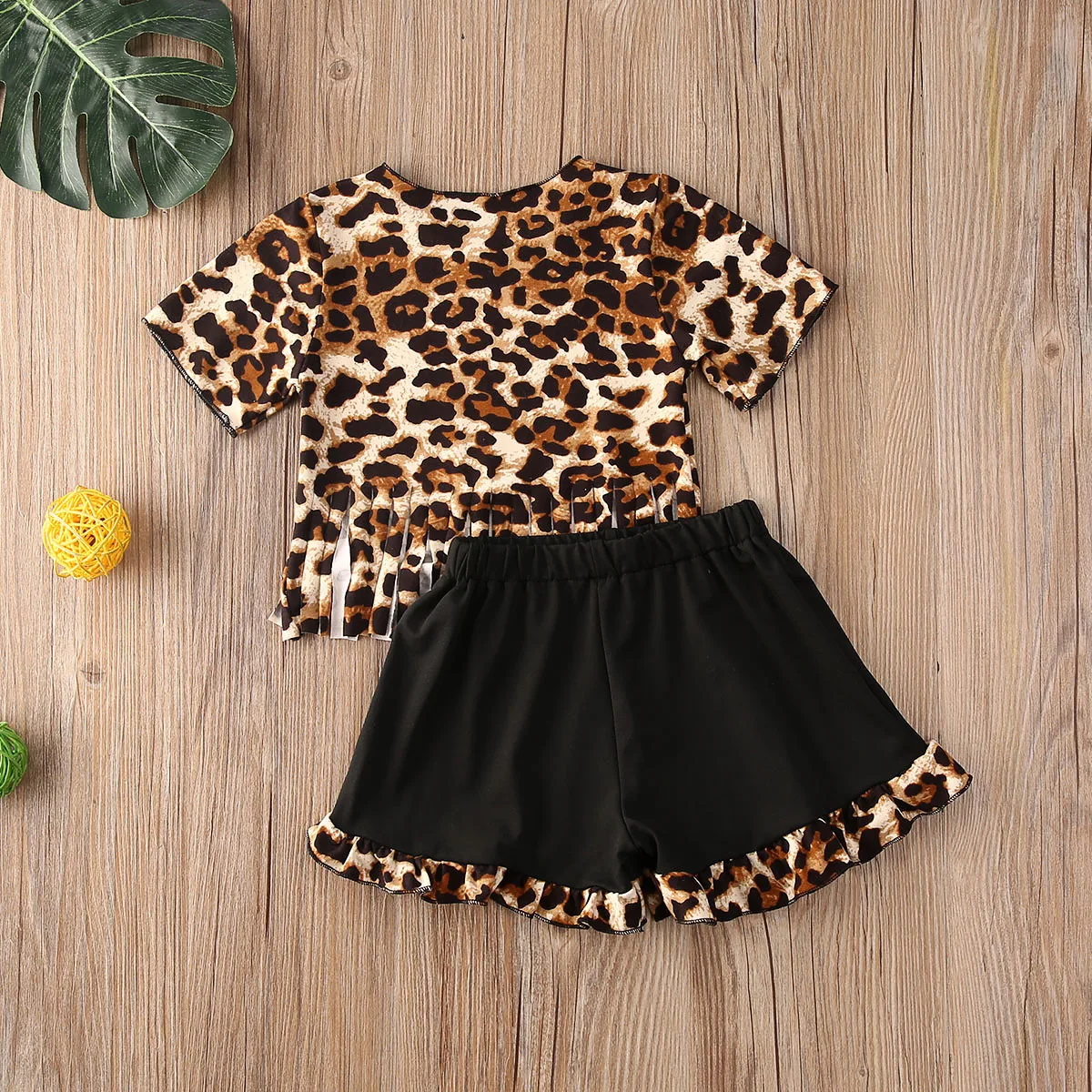 

Summer Infant Baby Girls Clothes Sets Leopard Print Tassel Short Sleeve T Shirts Tops+Ruffles Shorts