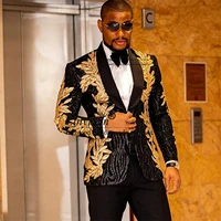 shiny beaded gold embroidery men suits slim fit groom tuxedos male business blazer 2 pieces sets jacket pants terno masculino