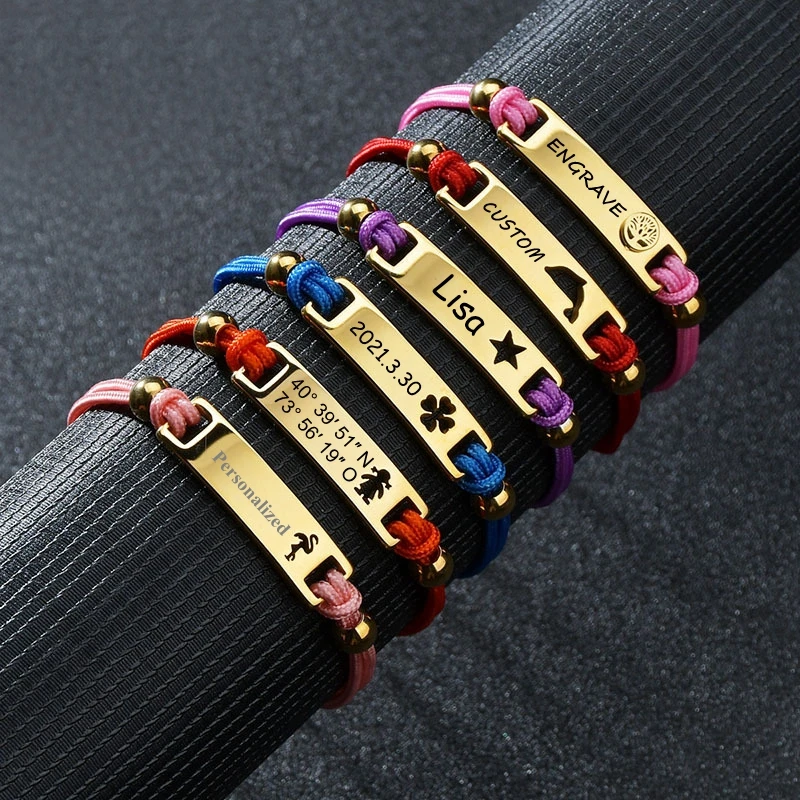 

Customized Engraving Nameplate Bracelet Stainless Steel Personalized Engrave name date Tag Rope Chain Bracelet For Kid Baby Gift