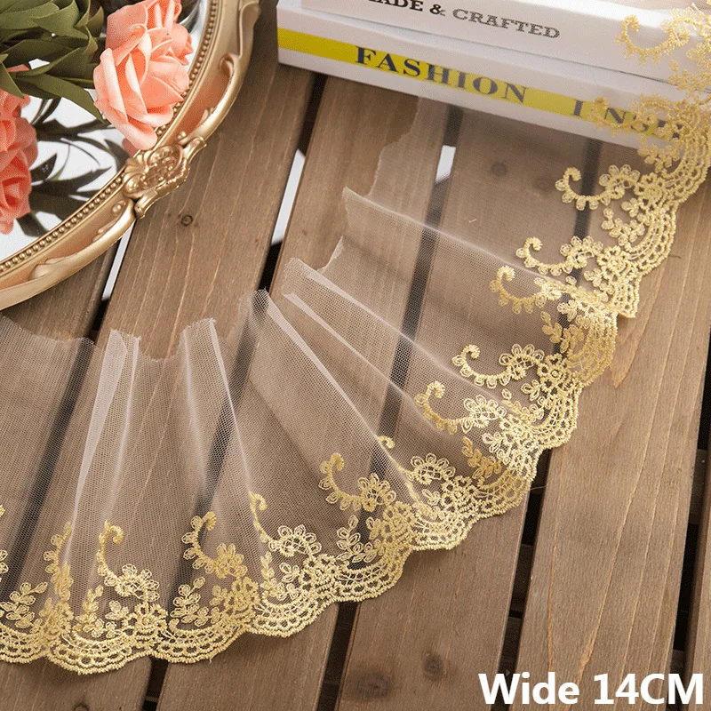 

14CM Wide Tulle White Mesh Gold Embroidery Lace Fabirc Collar Trim Fringe Ribbon Wedding Curtains Sofa DIY Apparel Sewing Decor