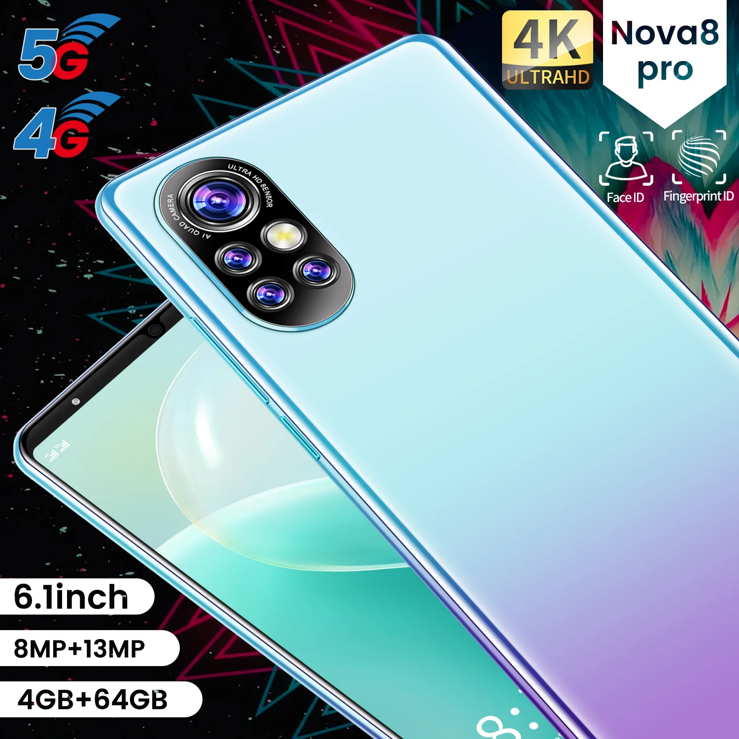 

New Arrival Cheap Phone Nova8 Pro 6.1Inch Full Screen Smartphone 4+64G 8MP+13MP Android 10 5200MAH Face Fingerprint ID 5G 4G