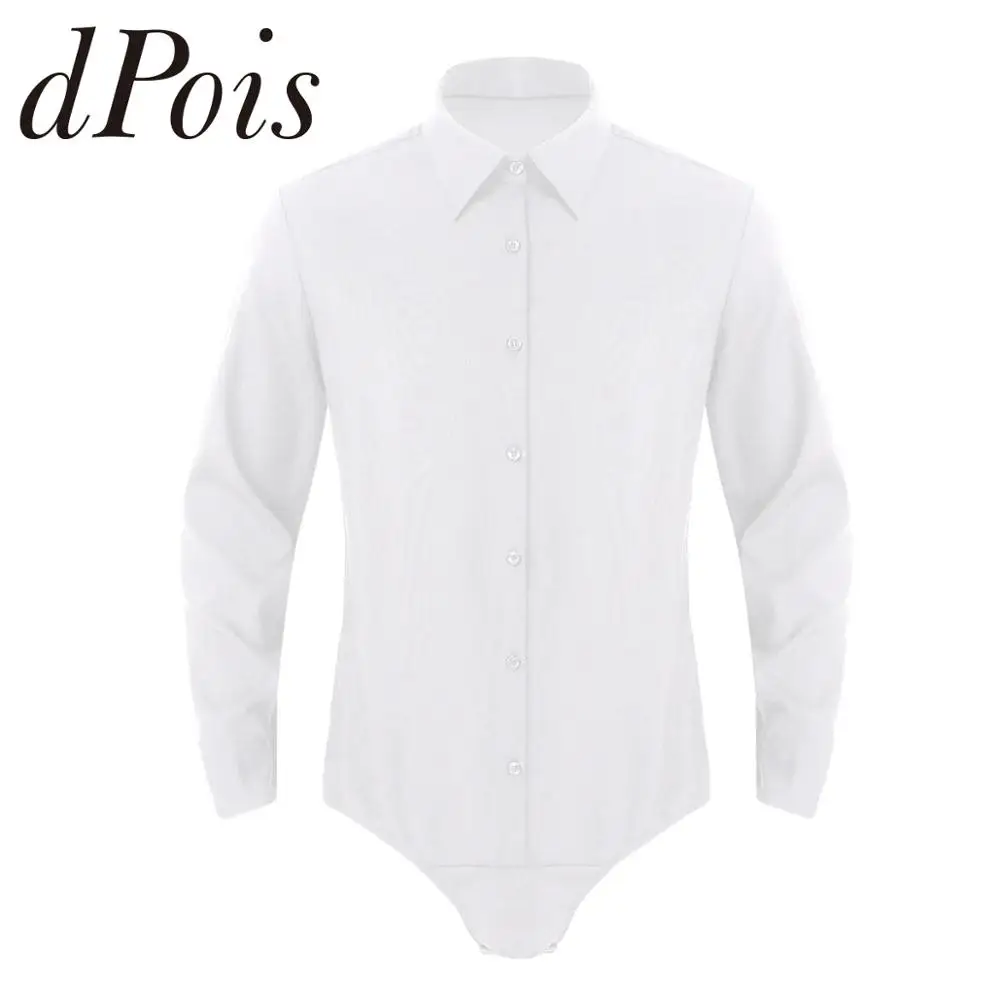 

Mens One-piece Turn-down Collar Long Sleeves Button Down Solid Color Casual Bodysuit Shirt Tops Homme Male Gay Sexy One Piece