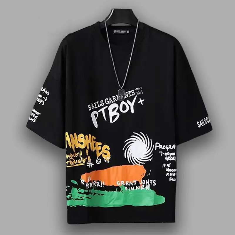 

Summer graffiti seven-sleeve hip-hop Harajuku loose T-shirt men's fashion half sleeve oversized Japanese street couple clothes