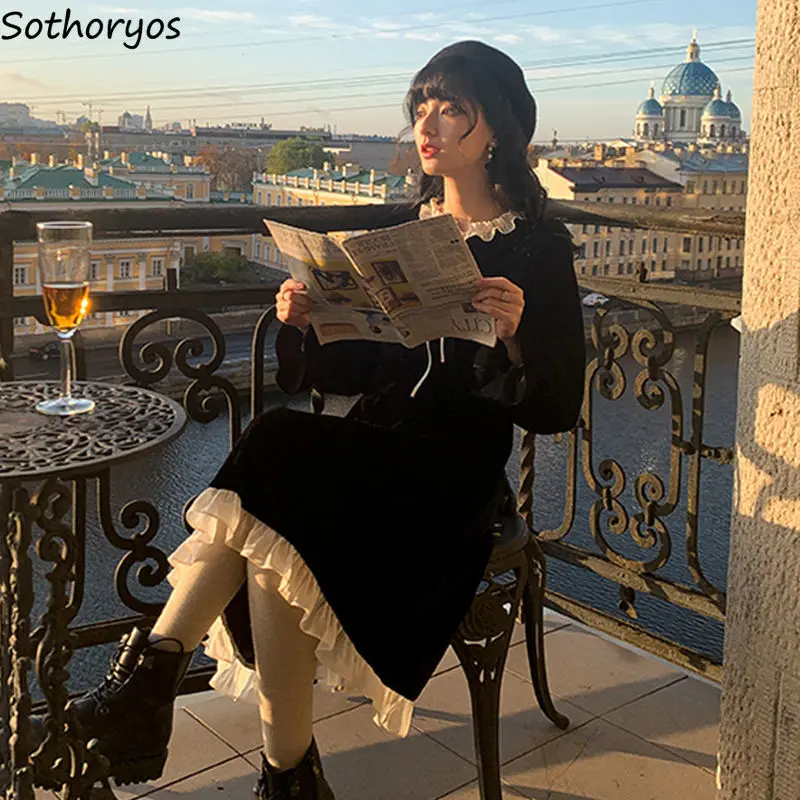 Женское винтажное платье до колена с длинным рукавом и круглым воротником