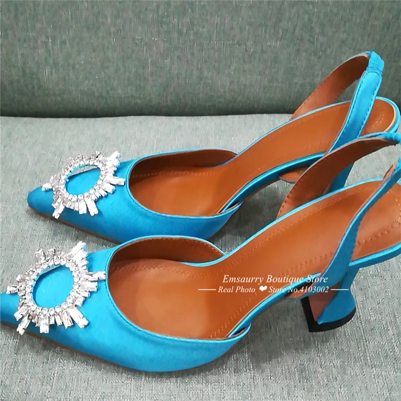 Luxury Satin Cup Heel Sandalias Mujer Sexy Back Strap Pointed Toe Crystal Buckle Individual High Heel Summer Sandals Women - Цвет: Sky Blue