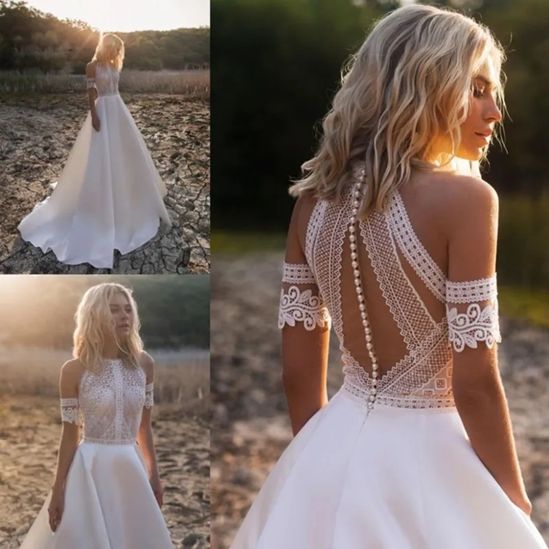 

Robe De Mariee Bohemian Wedding Dresses New Design Lace Satin Bridal Gowns Button Back A-Line Wedding Dress