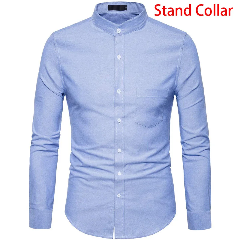 Sky Blue StandCollar Хлопковая оксфордская Мужская рубашка, весна, новая однотонная мужская рубашка, Повседневная приталенная рубашка с воротником-стойкой, Chemise Homme Camisa XXL - Цвет: Sky Blue StandCollar