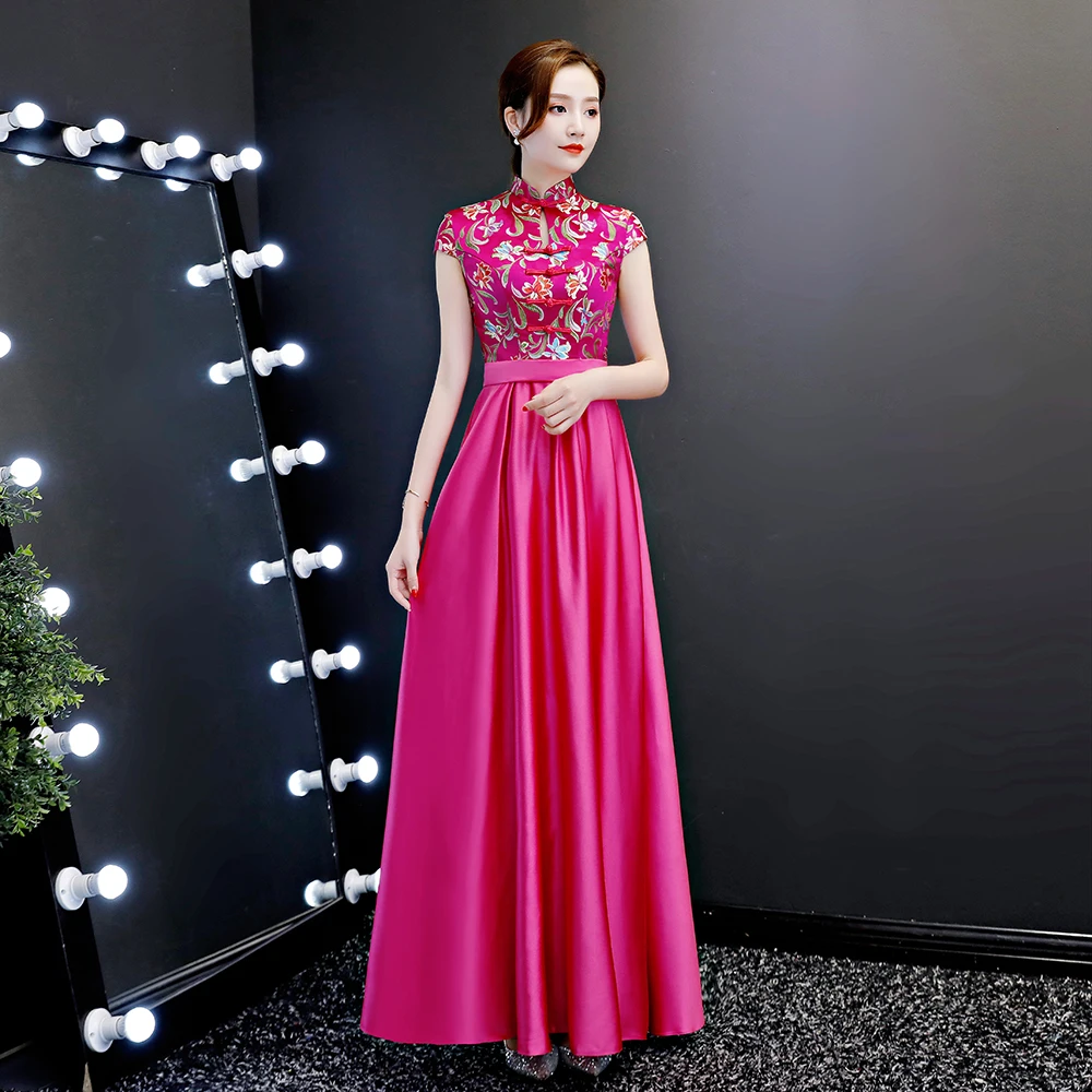 

Винтажное плиссированное платье-Ципао на пуговицах, с воротником-стойкой, с вышивкой ярко-розовыми цветами, на молнии