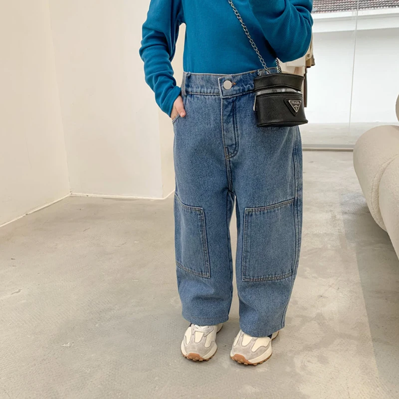 

Winter Autumn Girls Pants Baby Denim Trousers Kids Dad Jeans Children Pants Fashion Vintage Pocket Patch Velvet Warm 2 To 7 Yrs