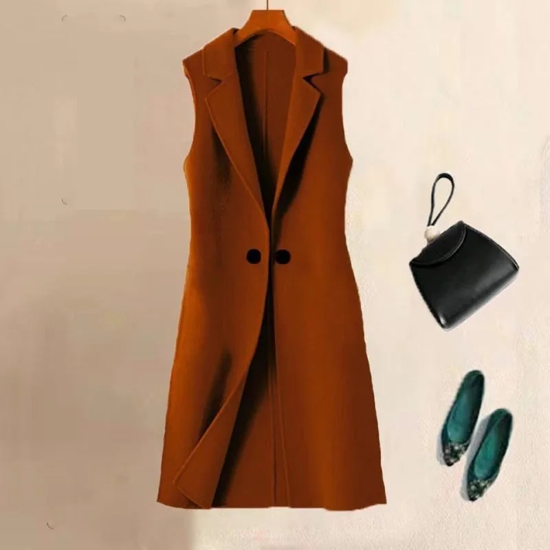 

2023 Spring Autumn Suit collar Woolen Vest Jacket Women Korean Slim Wool Waistcoat Plus size Sleeveless Long Outwear Ladies Tops