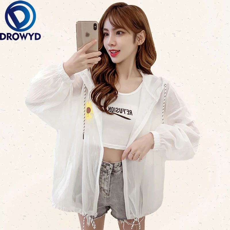 

Summer Women Thin V-neck Hooded Beach Coat White Casual Long Sleeve Jacket Fashion Streetwear Plus Size Print Jacket Hot Zippers