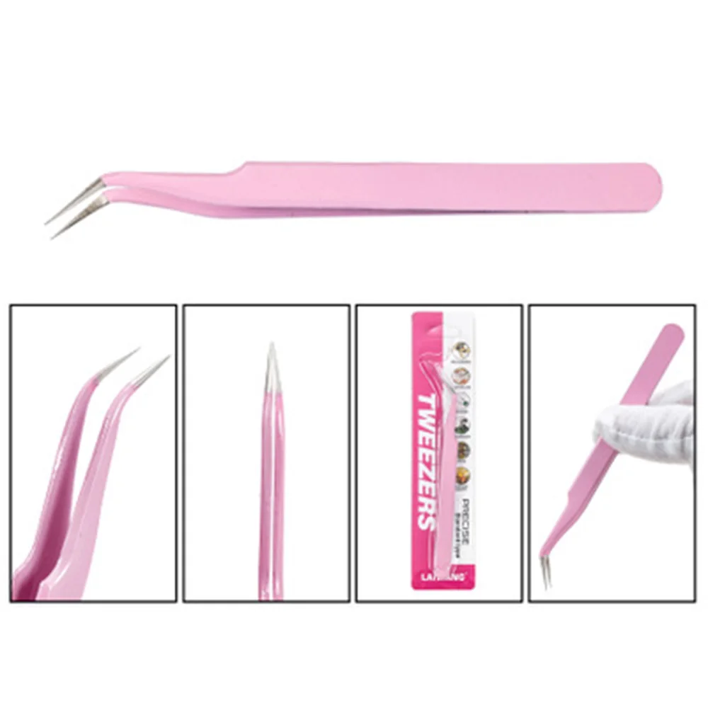 

Pink Stainless Steel Tweezers Straight / Curved Nail Art Pick Up Tools Eyelash Extension Tweezer Nippers Pointed Nipper Clip