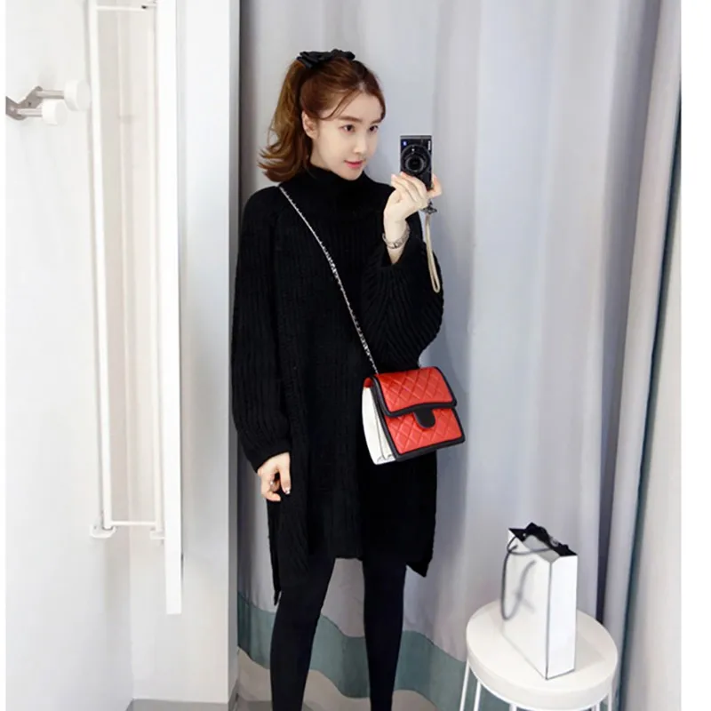 

Autumn Long Sweater Women Dress Knitted Mid Dress Loose Solid Color Long-Sleeved Striped Thick Dress