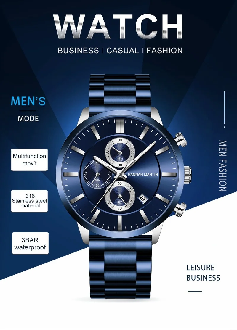 

Hannah Martin Men's Watch Japanese Movement Multifunction Calendar Business Quartz Stainless Steel Strap Waterproof Watch Gift