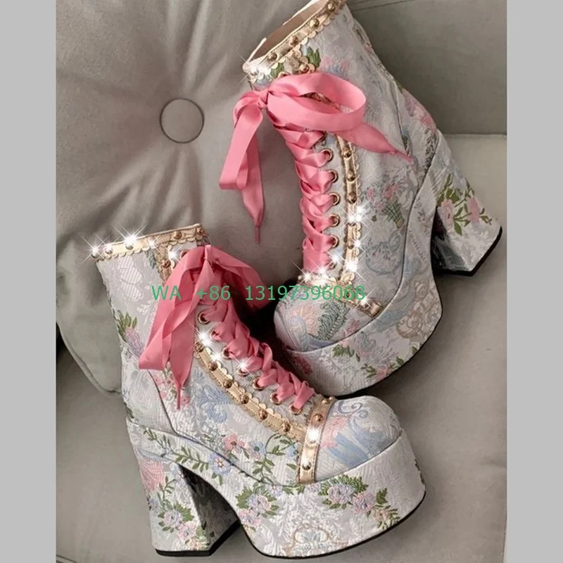 Women's Printed Lace-Up Platform Mary Jane Boots Pink Lace-Up Ankle Boots Round Toe Chunky Heel Embroidered Vintage Boots Size