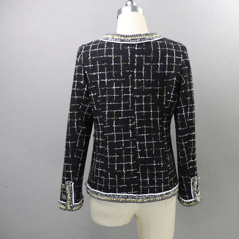 Женский твидовый пиджак подиумный облегающий однобортный жакет в клетку с