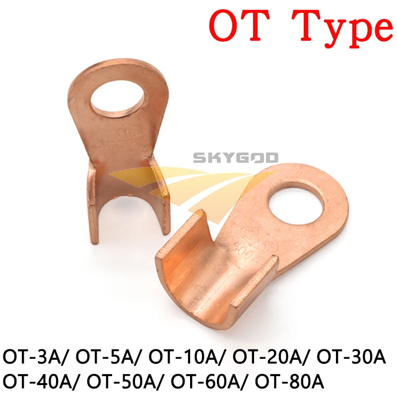 

10pcs OT Type 3A 5A 10A 20A 30A 40A 50A 60A 80A Wire Terminal Red Copper Bare Nose Lugs Crimp Open Mouth Cable Connector Splice