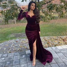 Robe De soirée élégante en velours, bordeaux, fente haute, manches longues, robes d'occasion, 2021  (4)