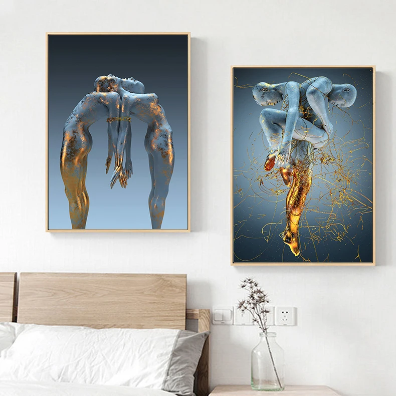 

Gold Metal Figure Statue Art Decorative Painting Wall Art Poster Modern Lovers Pictures for Living Room Home Decor Canvas Prints