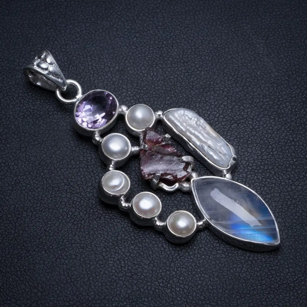 

Natural Moonstone,Amethyst,River Pearl,Biwa Pearl Rare Cluster Amethyst 925 Silver Pendant 2 1/4" T0181