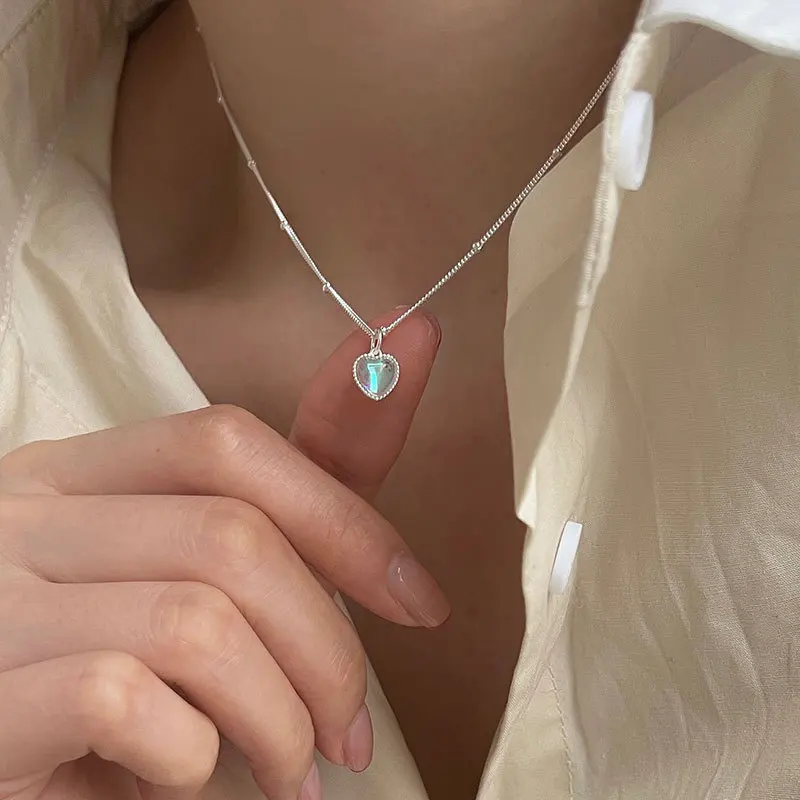 Collar de plata de ley 925 de 43cm para mujer, colgante de piedra lunar con corazón, joyería fina Original para mujer, Charms de gargantilla de tendencia 2021