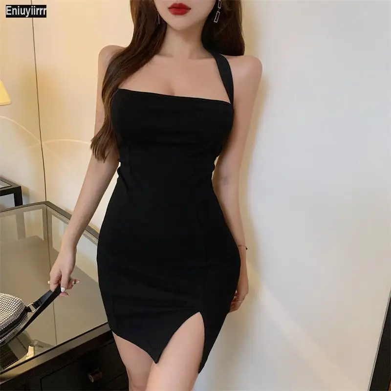 

Women 2021 New Year Club Night Split Slit Sexy Little Sheath Bandage Bodycon Vintage French Black Mini Elegant Party Dress