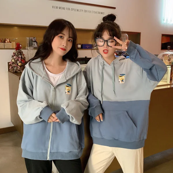 

Color Matching Girlfriends Clothes Cartoon Printed Hoodie Zipper