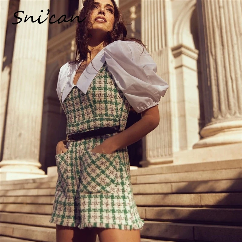 Snican Patchwork Tweed Plaid Jumpsuit With Belt Pockets Fashion Turn Down Collar Harf Sleeve Playsuit Za 2020 Women Casual Mono