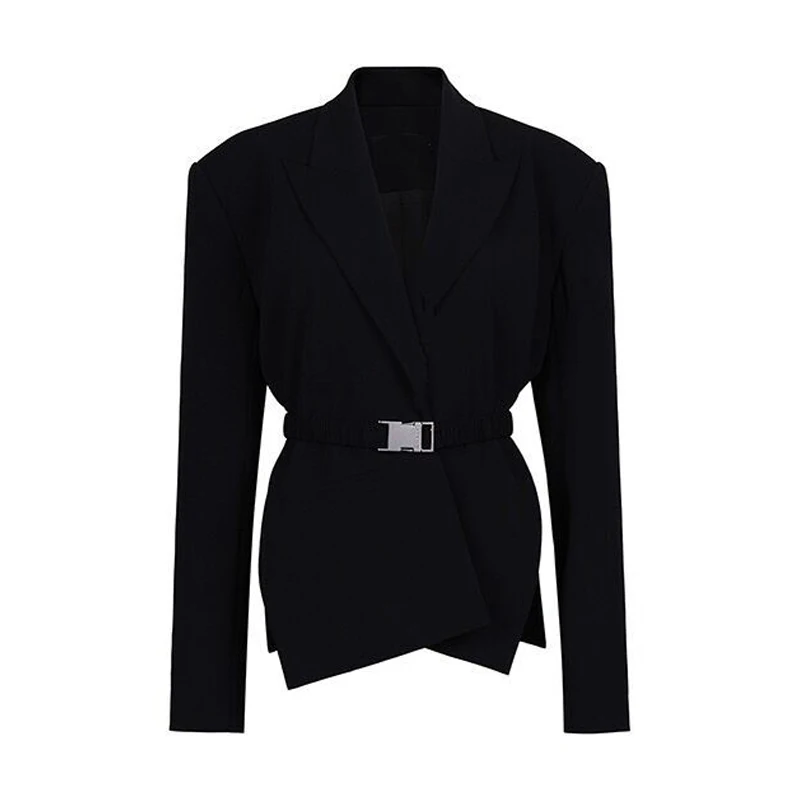 

Johnature 2021 Spring New Streetwear Side Split Women Suits Fashion Design British Irregular Loose Sashes Women Suits