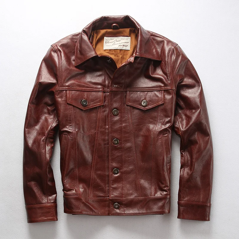 

red men's cow leather jacket with pockets fashion slim fit leather coat men korean style casual leather shirt male