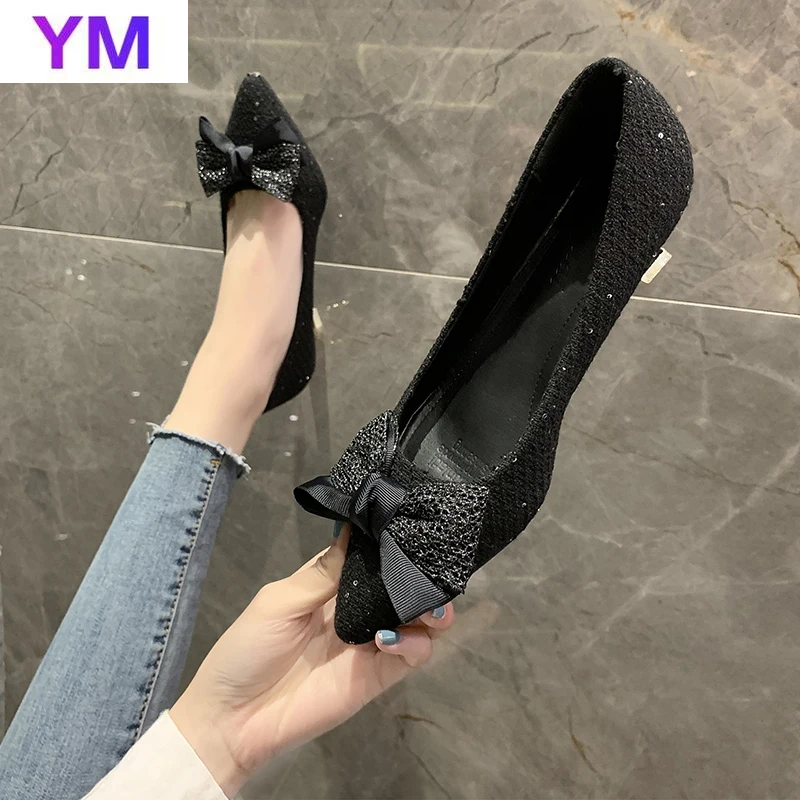 

Весна 2021 женская обувь женские туфли-лодочки туфли с бантом; Туфли с зауженным носком для работы и офиса, Повседневная Базовая с острым носк...