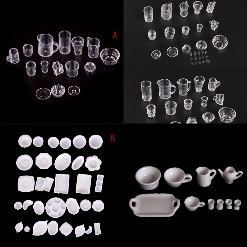 15Pcs/Set 1:12 Scale Doll Food Miniature Transparent  Plastic Plate Cup Dishes Bowl Tableware Set Kitchen Cooking Toys