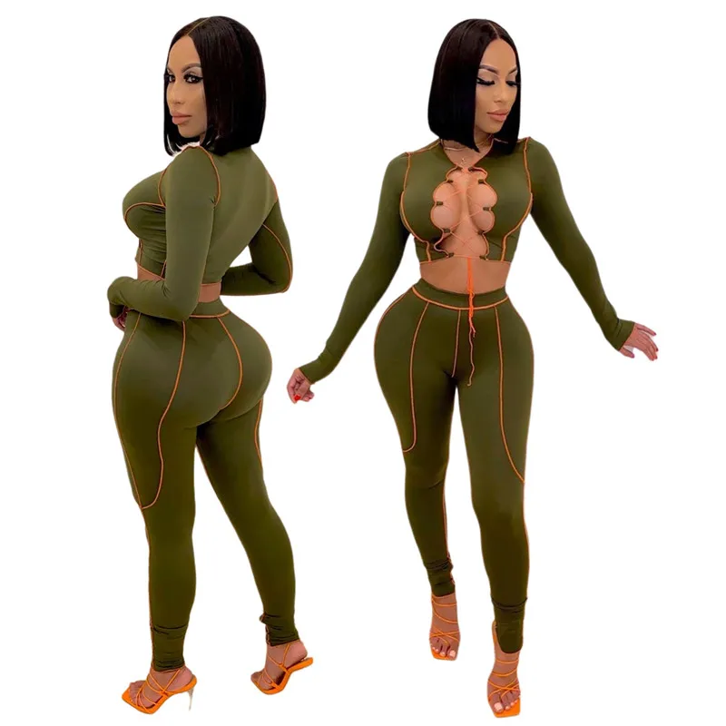 

FY Women Patchwork Outfits Sets Long Sleeve O-neck Hollow Out Tie Up Crop Top + Pencil Pants 2 Set Piece Set Woman Suit