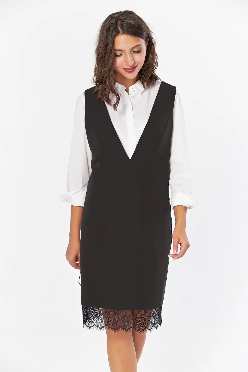 Fly 855 Женский черный базовый офисный сарафан с кружевом короткое платье мини без