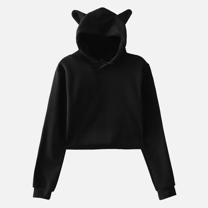 Black 2 Укороченная Женская толстовка с длинным рукавом с кошачьими ушками и капюшоном, осенняя короткая женская толстовка, Весенняя уличная одежда, милая Женская толстовка с капюшоном - Цвет: Black 2