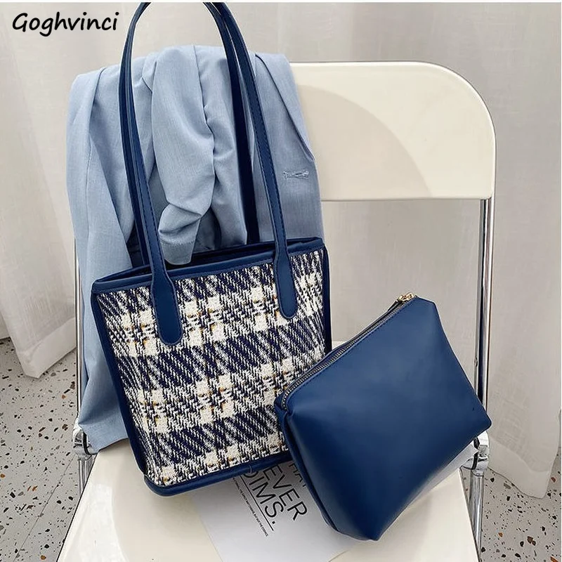 

Женская сумка-тоут через плечо, универсальная клетчатая вместительная сумочка из искусственной кожи в Корейском стиле, для студентов и колледжей