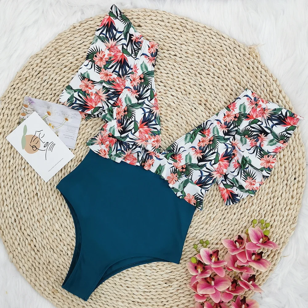 

One piece new printed solid stitched open back swimsuit women's deep Ruffle v2021swimwear