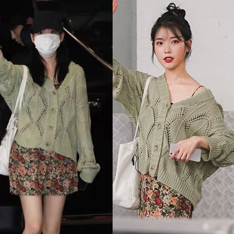 Kpop IU Lee Ji Eun Летний милый зеленый кардиган с вырезами вязаный свитер пальто +