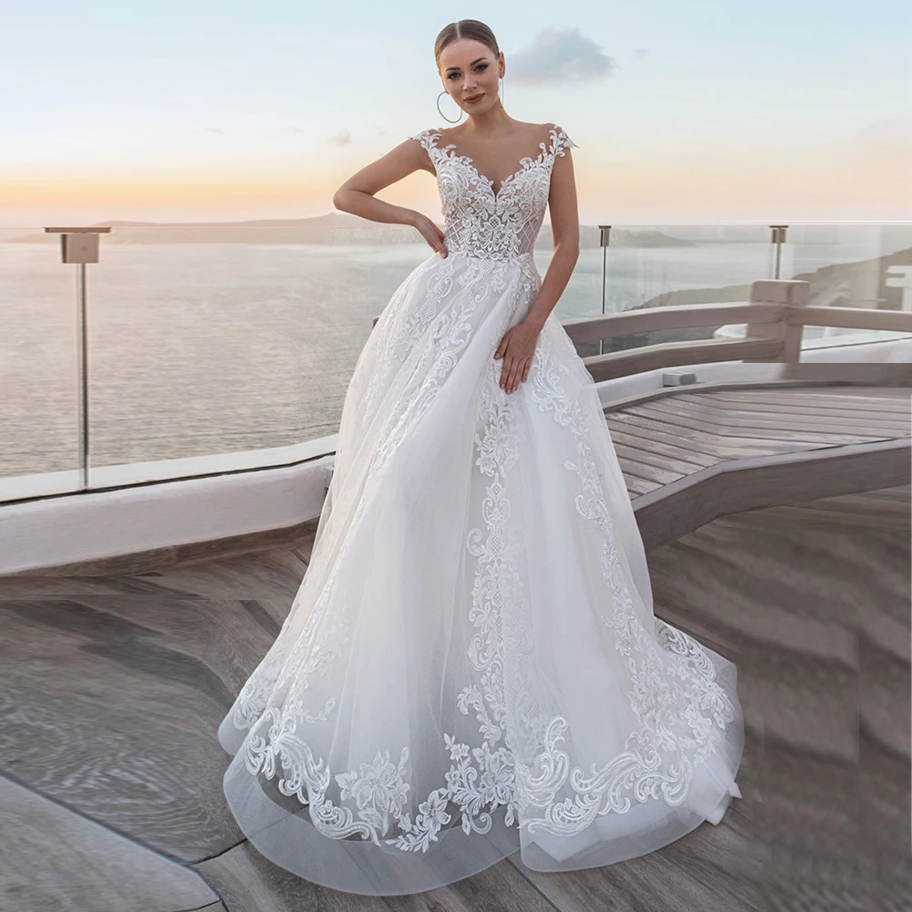 

Charming Lace Tulle Sweep Train A-line Wedding Dresses Scoop Cap Sleeve Applique White Ivory Bridal Gowns