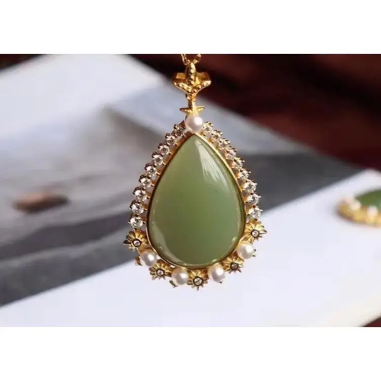 

Natural Hetian Jade Gray Jade Water Drop Pendant Luxury Palace Style Vintage Necklace Lift Aura Female Accessories to Give Mom