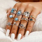 Старинные антикварные Щепка Цвет лотоса черепаха костяшки Миди кольцо комплект ювелирных изделий для женщин синий Стразы геометрической формы кольца ювелирные изделия Anillos