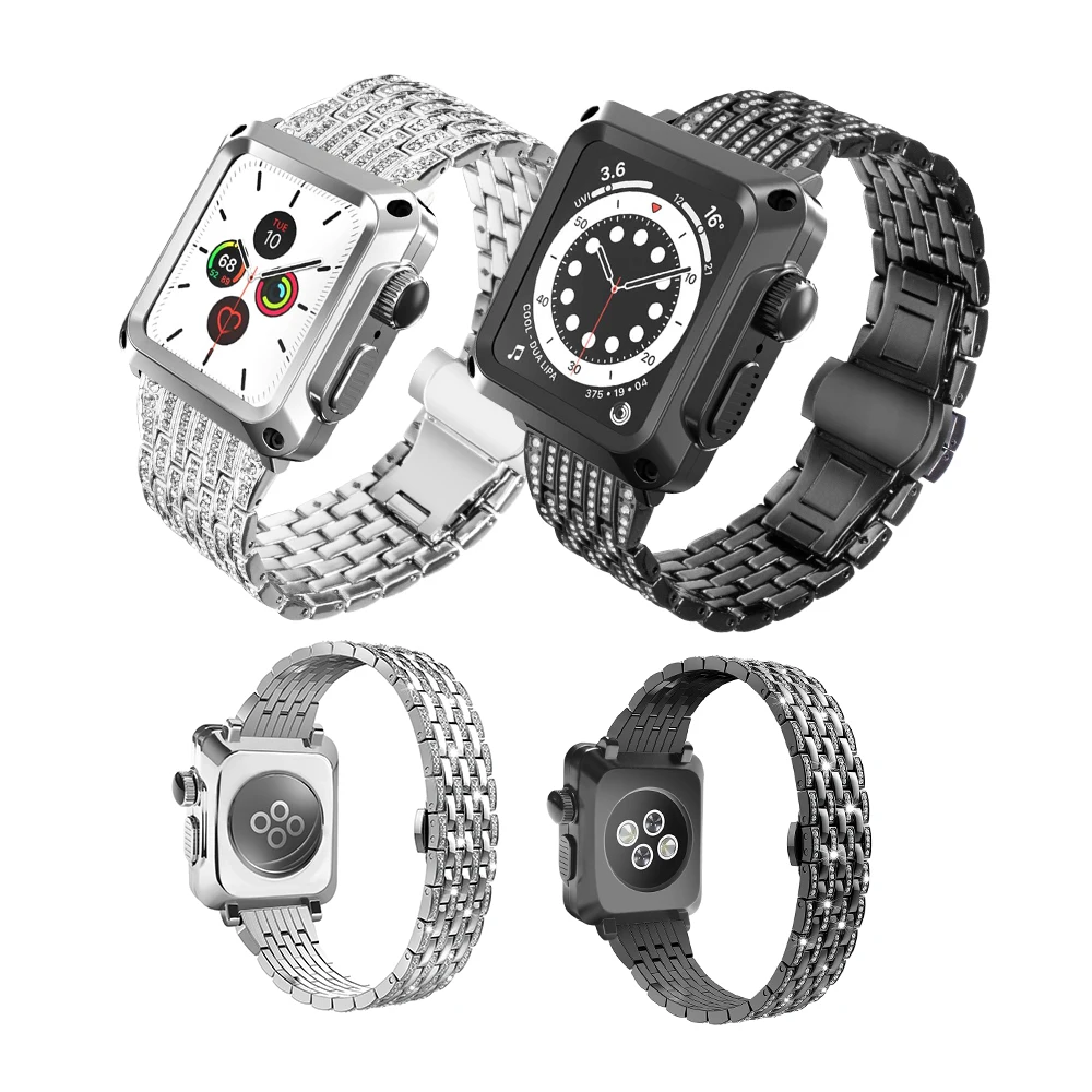 

Чехол + ремешок для Apple Watch 6 SE 5 4, чехол 44 мм, защитная стеклянная пленка, бриллиантовый ремешок для часов iwatch Series 3 2 1 42 мм 38 мм, чехол